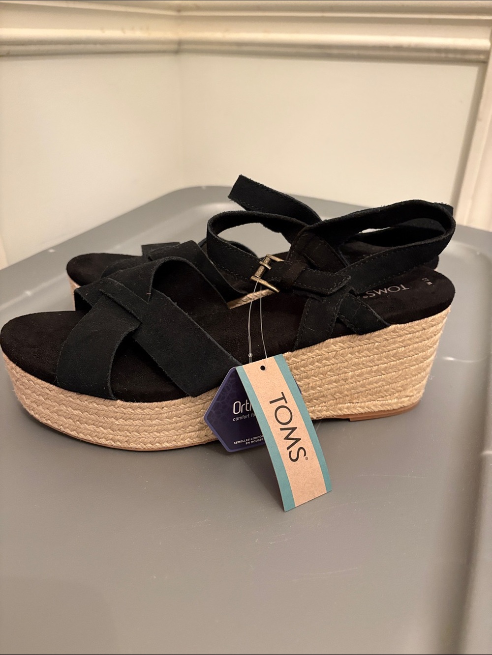 TOMS Black Suede Espadrille Platform Sandals
